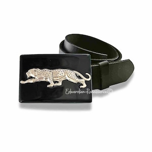 Hand Painted Leopard Belt Buckle: Antique Silver Pewter, Black Enamel