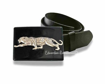 Vintage Black leather belt with gold tone leopard buckle. Gold Buckle Belt | Multi Classic Leopard | BRAHMIN main image 4