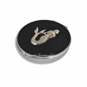 Antique Silver Mermaid Pill Box, with 7 Compartments, Vintage Style, with Personalized and Color Options, in Hand Painted Black Enamel