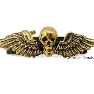 Antique Gold Skull Wings Tie Clip: Hand Painted Enamel Gothic Tie Bar