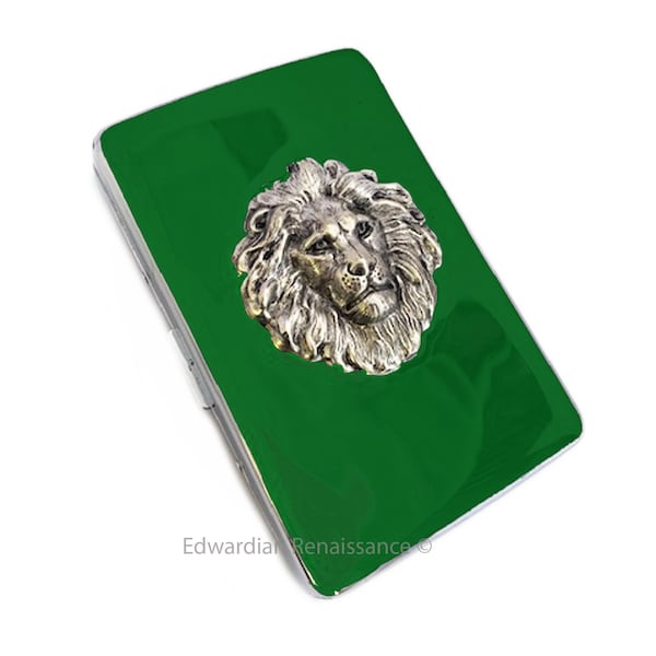 Lion Cigarette Case Inlaid in Hand Painted Green Opaque Enamel Neo Victorian Leo Design Custom Engraved and Personalized Options