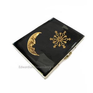 Celestial Cigarette Case Inlaid in Hand Painted Glossy Black Enamel Moon and Starburst Design Personalized and Color Options