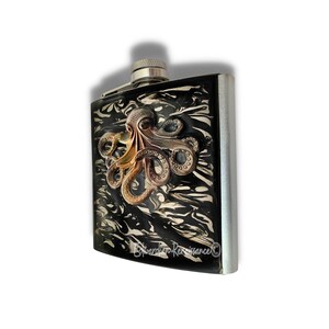 Octopus Hip Flask in Oxidized Brass Inlaid in Hand Painted Black Liquid Ink Design Neo Victorian Kraken with Personalized Engraving Options