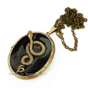 Snake Locket in Hand Painted Glossy Black Enamel Gothic Victorian Inspired Necklace with Color and Personalized Option image 1