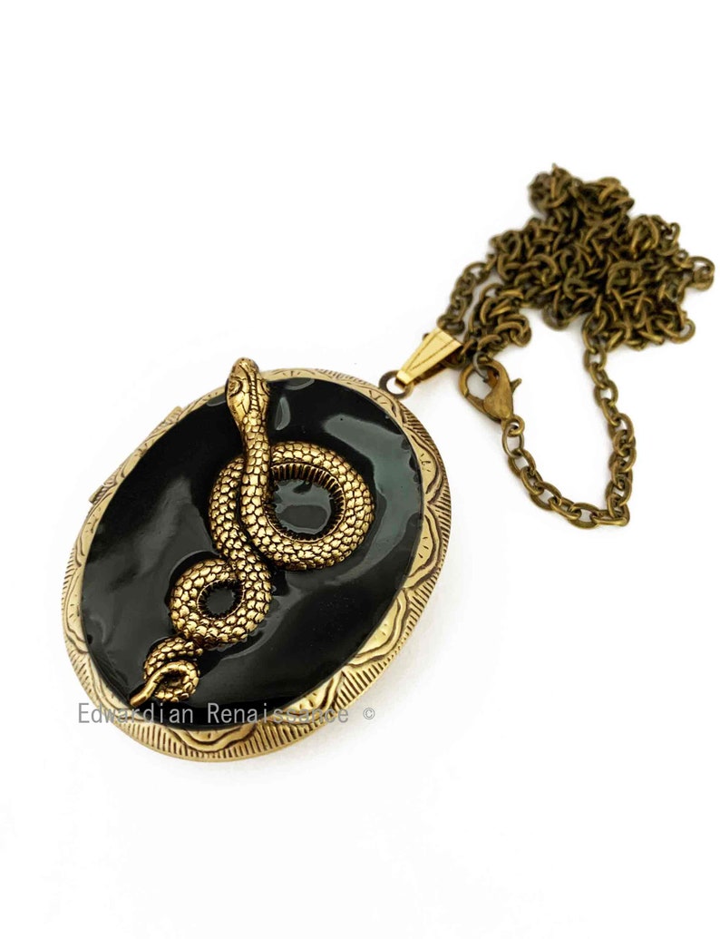 Snake Locket in Hand Painted Glossy Black Enamel Gothic Victorian Inspired Necklace with Color and Personalized Option image 1