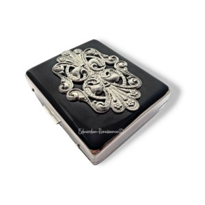 Art Nouveau Pill Box: Hand Painted Black Enamel, 8-Compartment