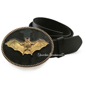 Antique Gold Vampire Bat Belt Buckle Inlaid in Hand Painted Glossy Black Enamel Gothic Victorian Dracula Motif Buckle with Color Options