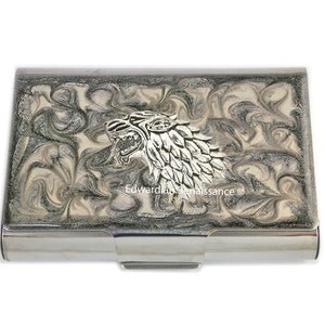 Wolf Gran caja de tarjeta de visita con incrustaciones en esmalte pintado a mano en el diseño de remolino gris Juego de Tronos inspirado en opciones personalizadas