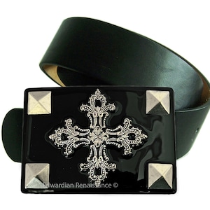 Studded Silver Cross Belt Buckle: Hand Painted Enamel, Gothic Renaissance