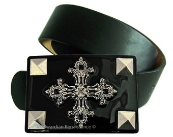 Studded Silver Cross Belt Buckle Inlaid in Hand Painted Glossy Enamel Gothic Renaissance Inspired with Color Options Available