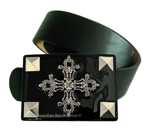 Studded Silver Cross Belt Buckle Inlaid 
