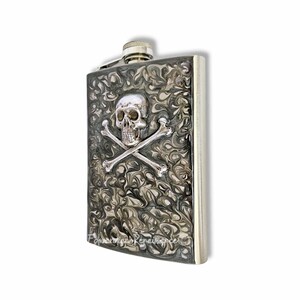 Skull and Crossbones Flask, 8oz Capacity, Gothic Victorian Style, Personalized Gift and Color Options, Hand Painted Gray Swirl Enamel