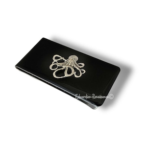 Antique Silver Octopus Money Clip: Hand-Painted Black Enamel, Personalized Option