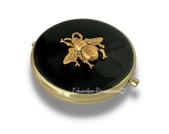 Queen Bee Compact Mirror Inlaid in Hand Painted Black Enamel Art Nouveau Insect Design with Personalized and Color Options