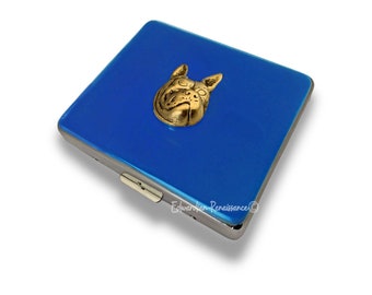 French Bulldog Weekly Pill Box with Compartments Inlaid in Hand Painted Blue Enamel Art Deco Dog Design Personalize and Color Options