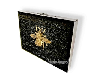 Queen Bee Zigarettenetui, metallische schwarze Emaille, Art-Deco-Stil, personalisierbar