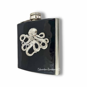 Octopus Flask: Antique Silver Kraken, Hand-Painted Enamel, Personalized Option