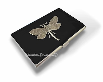 Tarjetero Dragonfly: Esmalte negro pintado a mano, opción personalizada