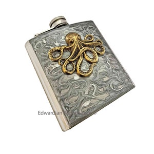 Antique Gold Octopus Flask: Neo Victorian Kraken, Hand Painted Enamel