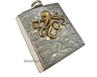 Antique Gold Octopus Flask Neo Victorian Kraken Inlaid in Hand Painted Silver Swirl Enamel with Custom Engraving and Color Options