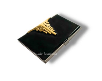 Art Deco Business Card Case: Hand-Painted Black Enamel, Personalized Option