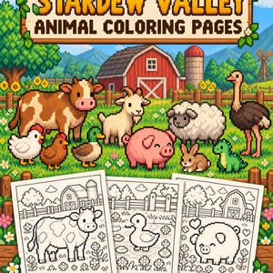 May include: A digital collection of Stardew Valley animal coloring pages featuring pixel art of a cow, goat, sheep, pig, chicken, duck, rabbit, and ostrich on a farm. Includes three printable sheets showing a cow, duck, and pig.