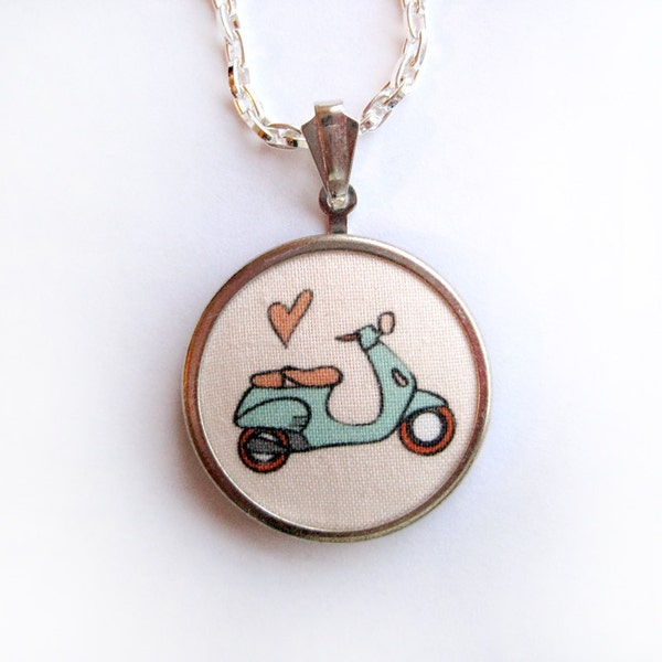 Fabric Pendant Necklace "Vespa Love" in Mint and Peach