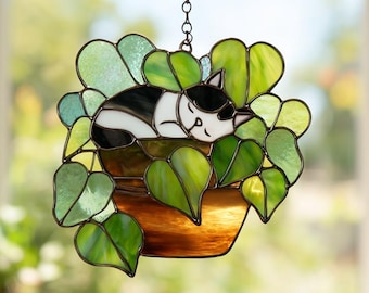 Tuxedo Cat in Monstera Pot Acrylic Suncatcher, Black Cat Suncatcher, Monstera Plant Acrylic Decor, Cat Lover Gift, Style Window Hanging