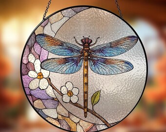 Stained Glass Dragonfly on Moon Suncatcher, Crystal Dragonfly Window Hanging, Rainbow Maker Glass Decor, Nature Lover Gift, Moon Wall Art