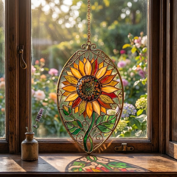 Handmade Sunflower Stained Glass Suncatcher, Iridescent Floral Window Hanging, Rustic Home Decor, Unique Gift for Flower Lovers & Her