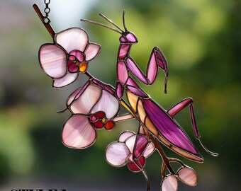 Pink Mantis On Orchid Flower Acrylic Suncatcher, Praying Mantis Suncatcher, Praying Mantis Window Hanging, Insect Decor, Elegant Home Decor
