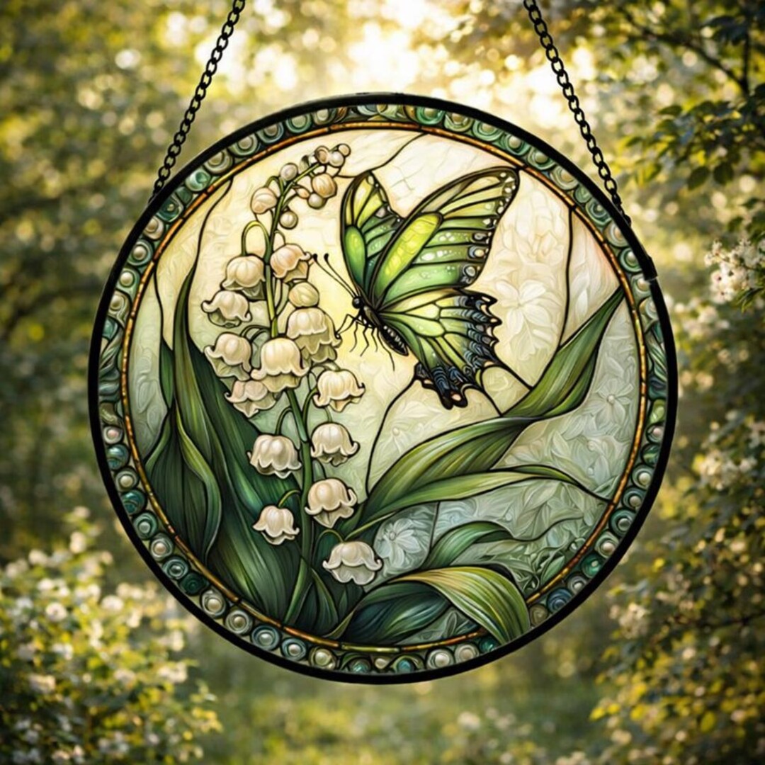 Green Butterfly and Lily of the Valley Stained Glass Suncatcher, Spring ...