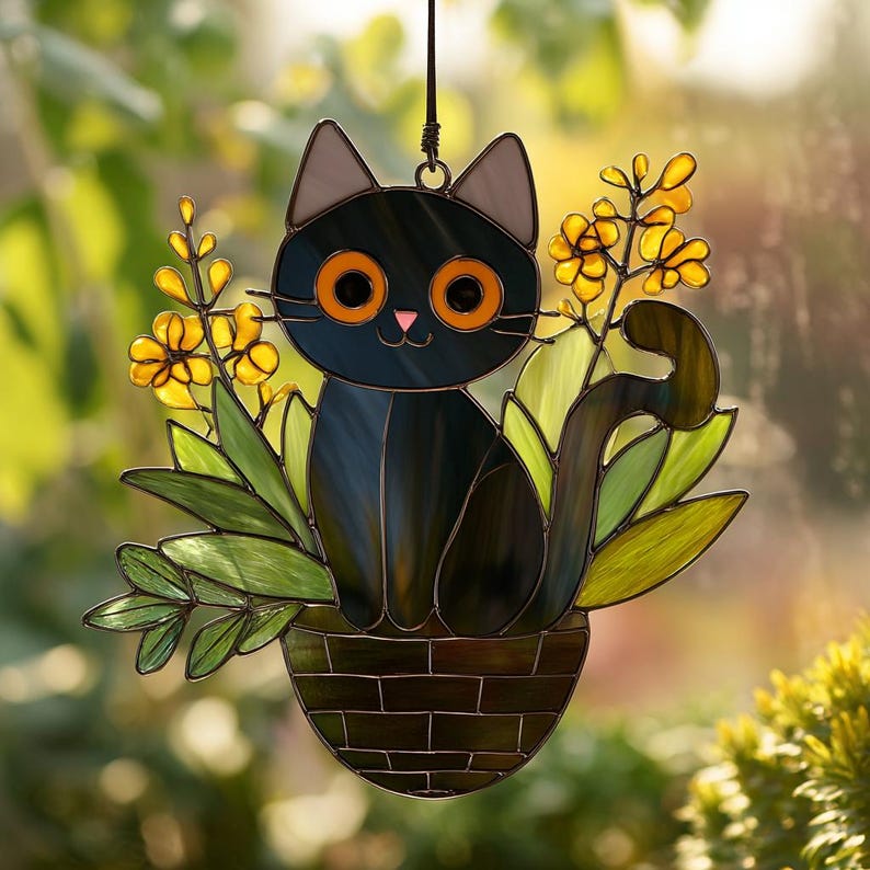 Black Cat in Hanging Planter Acrylic Suncatcher – Faux Stained Glass ...