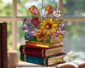 Flower Book Acrylic Suncatcher Window Hanging,Library Book Decor Home,Book Club Lover Gift,Librarian Gift,Bookish Library Decor,Gift For Her