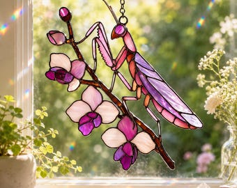 Acchiappasole in acrilico con mantide rosa su fiore d'orchidea, acchiappasole con mantide religiosa, decorazione per finestra con mantide religiosa, decorazione a forma di insetto, elegante decorazione per la casa