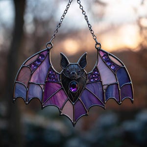 May include: A stained glass bat suncatcher with a metal frame and chain. The bat has a detailed face and wings in shades of purple, pink, and lavender, with purple gems. A decorative piece for windows.