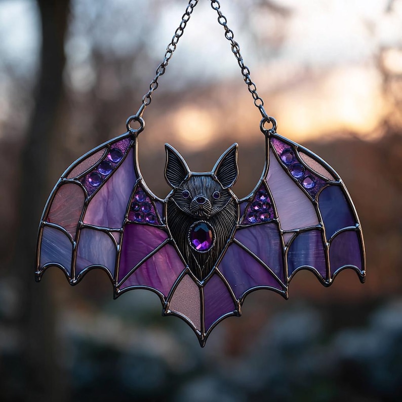 May include: A stained glass bat suncatcher with a metal frame and chain. The bat has a detailed face and wings in shades of purple, pink, and lavender, with purple gems. A decorative piece for windows.