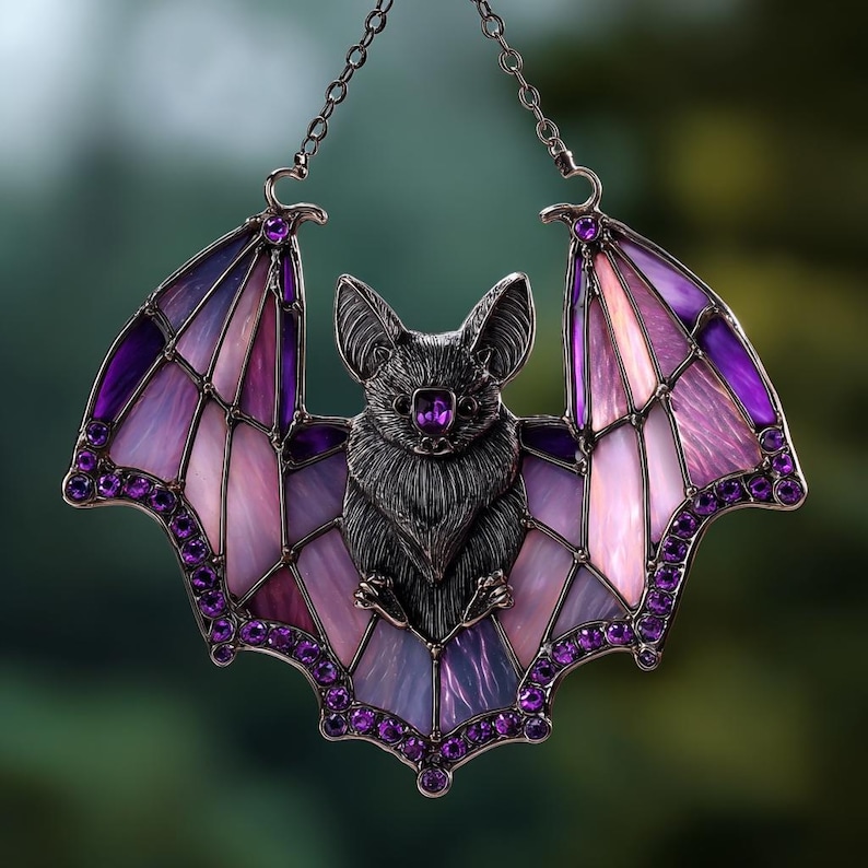 May include: A bat-shaped suncatcher with stained glass wings in purple and pink hues. The wings are framed in metal and embellished with purple gems. The bat's body is dark grey, and it has a purple gem in the center.