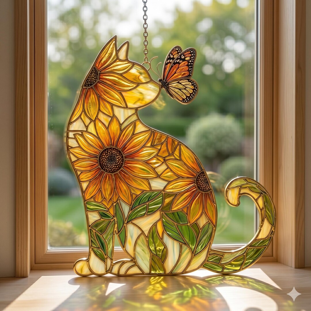 Sunflower Cat ACRYLIC Suncatcher, Sunflower Cat FAUX Stained Glass ...