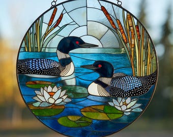 Loon Couple Stained Glass Suncatcher, Wildlife Bird Window Hanging, Nature Lodge Wall Art, Rustic Cabin Wildlife Decor, Nature Lover Gift