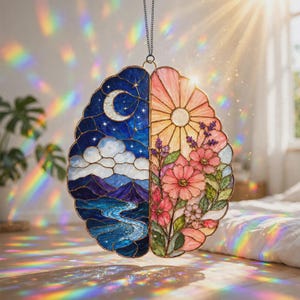 Könnte beinhalten: Ein gehirnförmiger Sonnenfänger aus Buntglas mit geteiltem Design. Die linke Seite zeigt eine nächtliche Szene mit Mondsichel, Wolken, Bergen und einem Fluss in Blautönen. Die rechte Seite zeigt eine Sonne, rosa Blumen und grüne Blätter.