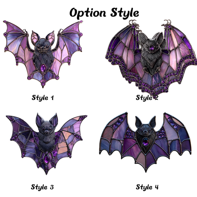 May include: Four decorative bat ornaments in various styles. Each bat features a detailed design with purple and pink stained glass wings, a dark grey bat body, and a central purple gem. The text "Option Style" and style numbers are visible.