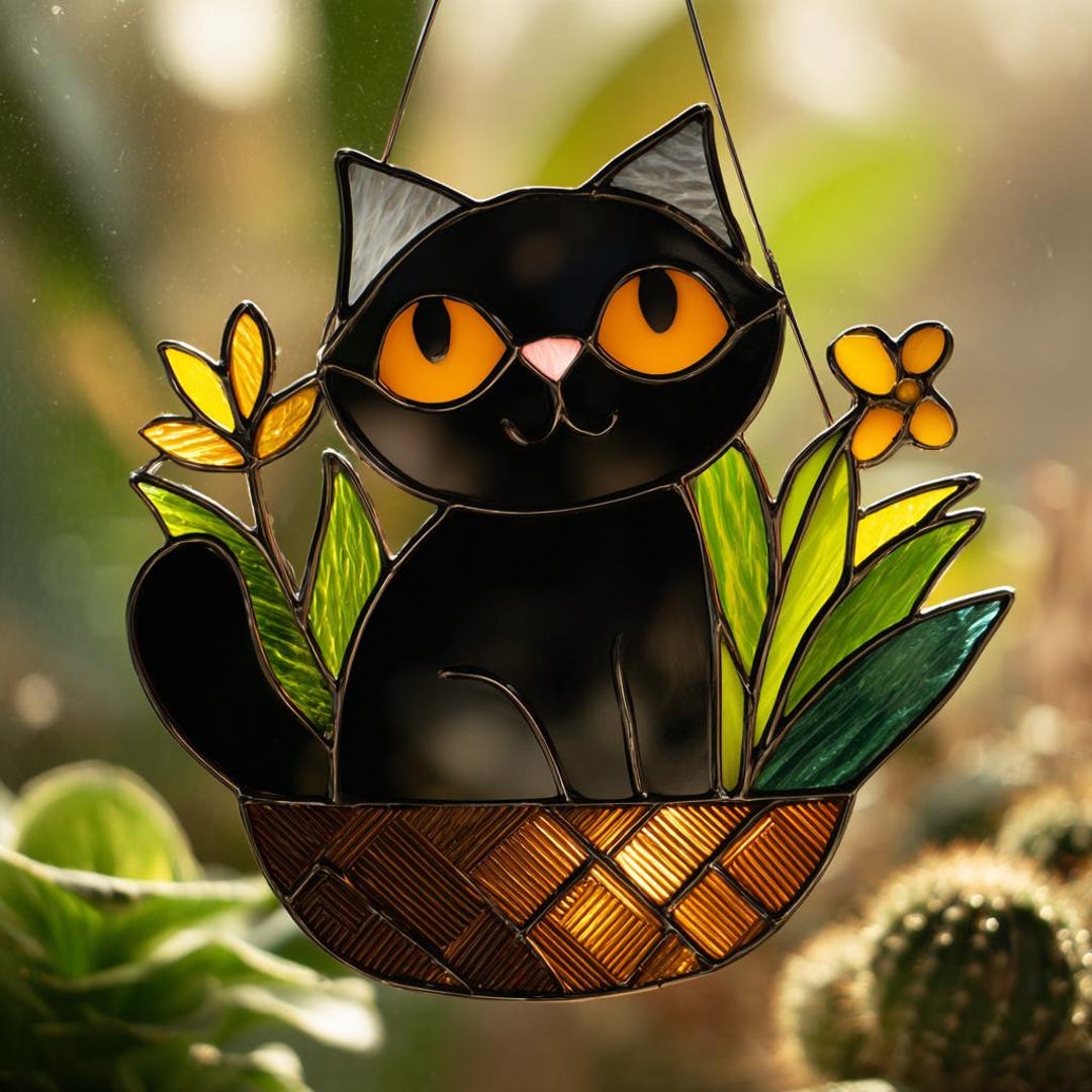 Black Cat in Hanging Planter Acrylic Suncatcher – Faux Stained Glass ...