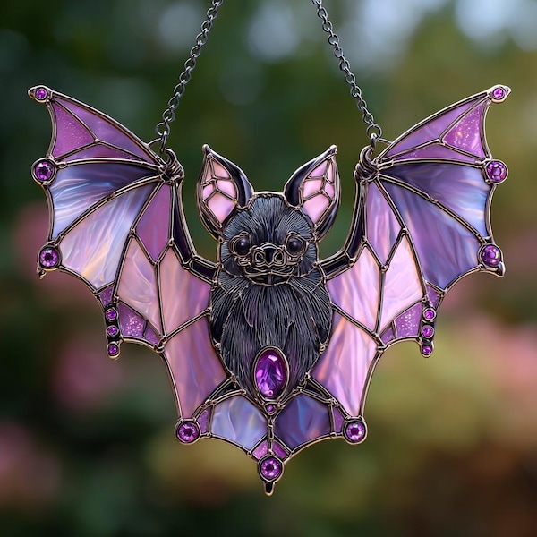 Purple Floral Bat Acrylic Suncatcher – Gothic Faux Stained Glass Window Hanging With Crescent Wings, Witchy Halloween Decor Gift