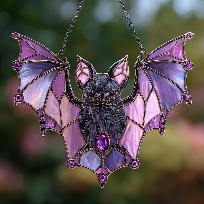 May include: A stained glass bat suncatcher with a dark grey body, purple and pink wings, and purple gemstone accents. The bat is suspended from a silver chain. The wings have a geometric design. The suncatcher is designed to be hung in a window.