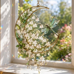 Lily of the Valley Moon Suncatcher, Acrylic Stained Glass Window Hanging, Dragonfly Suncatcher, Botanical Window Decor, Garden Lover Gift