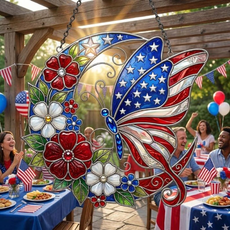 Butterfly Acrylic Suncatcher, Faux Stained Glass Patriotic Window Art ...