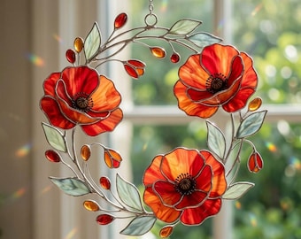 Red Poppy Stained Acrylic Suncatcher, Poppy Flower Wreath Window Hanging, Botanical Sun Catcher Decor, Garden Lover Gift