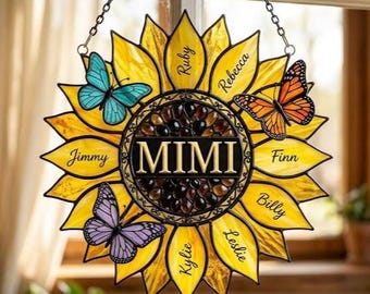 Custom Sunflower Suncatcher, Mothers Day Gift for Grandma, Personalized Grandkids Name Sign, Family Tree Flower Decor, Window Hanging Art