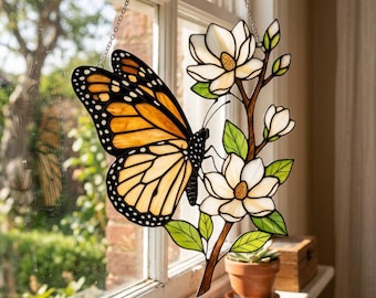 Monarch Butterfly Magnolia Acrylic Suncatcher, Stained Glass Style Butterfly Window Hanging, Floral Nature Decor, Butterfly Lover Gift